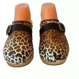 MY Clogs Wooden Women’s  Leather Cheetah Leopard Print  Made In Italy Sz 39/8.5